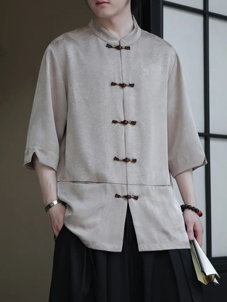 

Men's Ice Silk Short Sleeve Shirt Thin Model Tang Style Embroidered Button up Summer Casual Chinese Renovated Hanfu Top