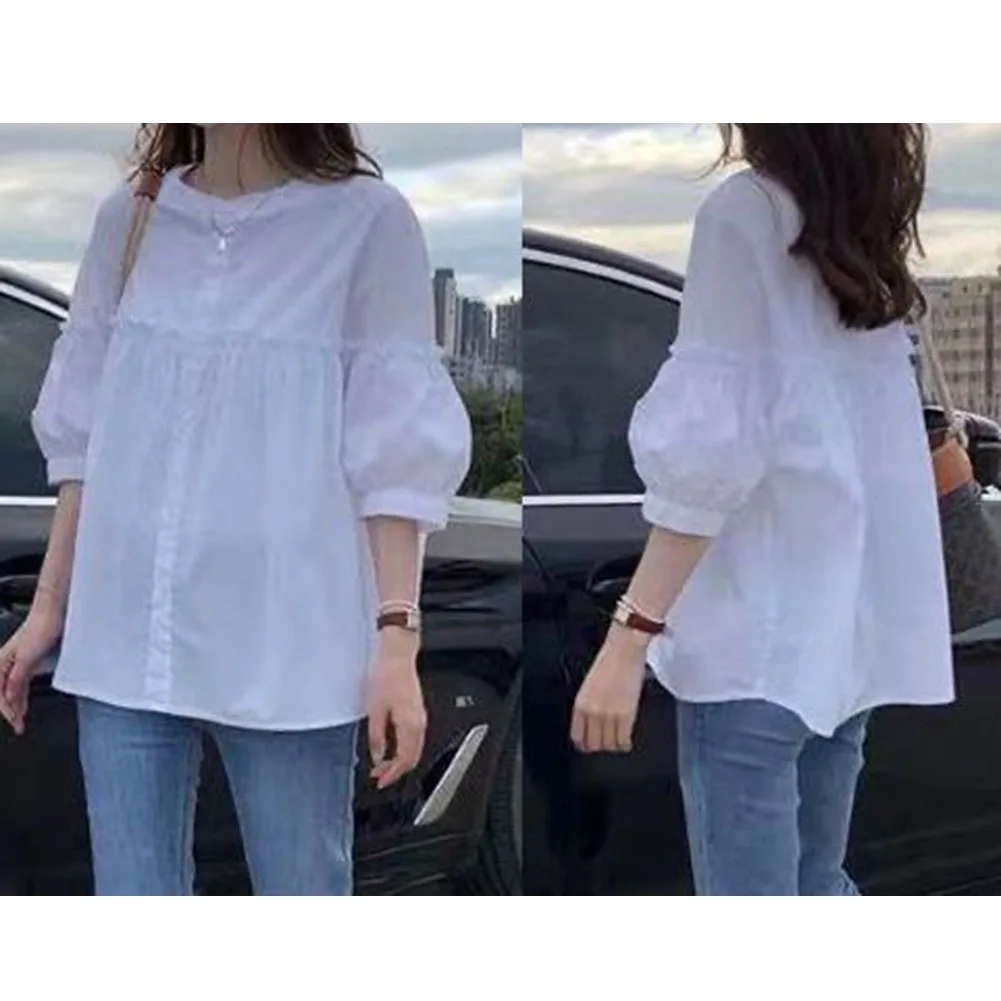 Camisa casual de verão para mulheres, manga curta, gola frontal com botões, feita com mistura de poliéster e elastano, leve e confortável