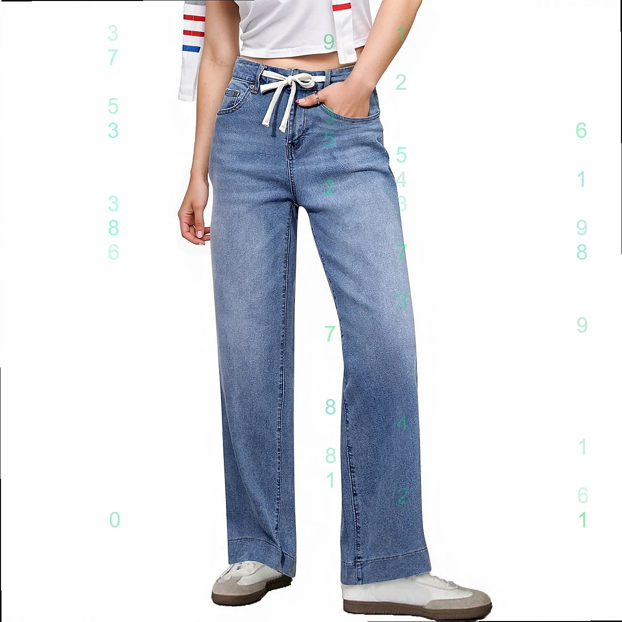 Cross Stitch Denim Jeans High Waist Stretchy Straight Leg Loose Drawstring Jeans