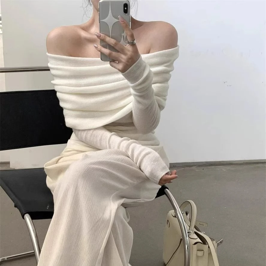 Pullovers Women Solid Off-shoulder Swinging Collar Long Sleeve Knittedwear Slim Chic Sexy Fashion Korean Style Basic Tops Retro