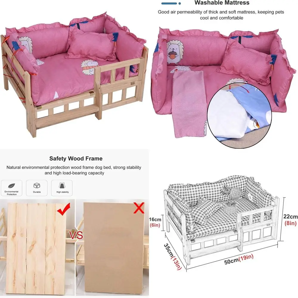 

Elevated Wooden Dog Bed with Stairs, Guardrail, Removable Frame, Washable Mattress for Comfortable Pet Sleeping