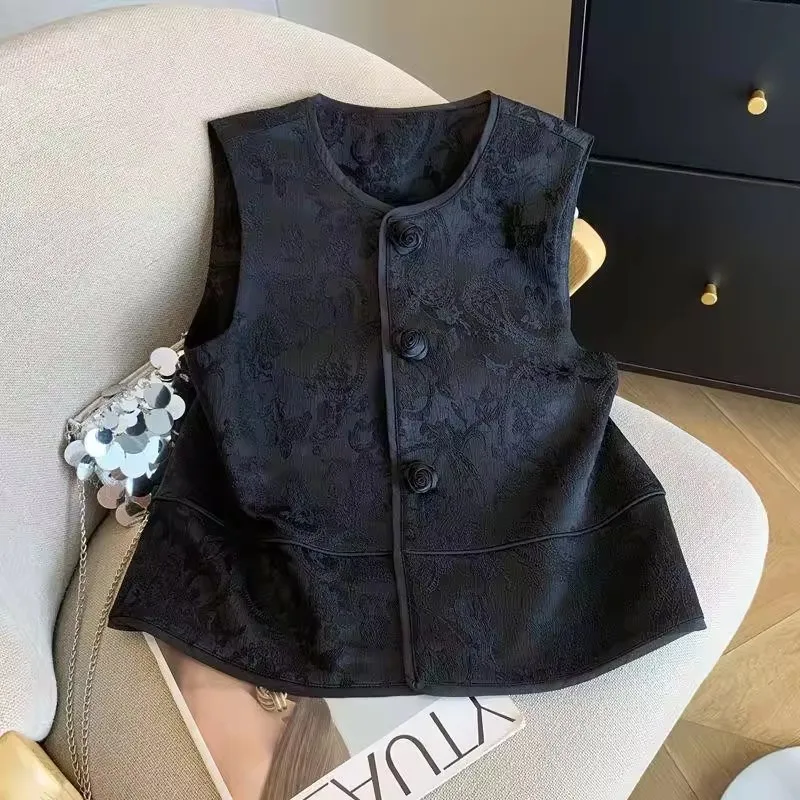 Vintage Chinese Jacquard Vest Jacket Women 2025 New Spring Summer  Rose Button Sleeveless Waistcoat Chic Female Top