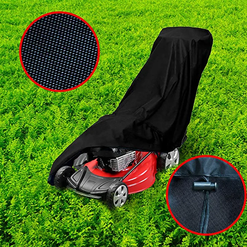Outdoor Lawn Mower Cover 210D Polyester Oxford Cloth Waterproof UV Protection Universal With Drawstring Black