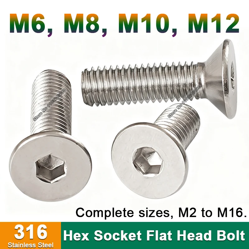 M6 M8 M10 M12 to M16 316 stainless steel Bolt Hexagon Hex Socket Flat Head Countersunk Allen Key Head Screw Furniture screws