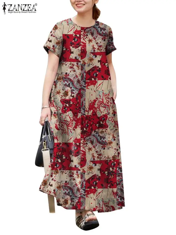 Vintage Floral Printed Dresses ZANZEA Summer Maxi Long Dress Bohemain Women O Neck Short Sleeve Sundress Casual Baggy Robe Femme