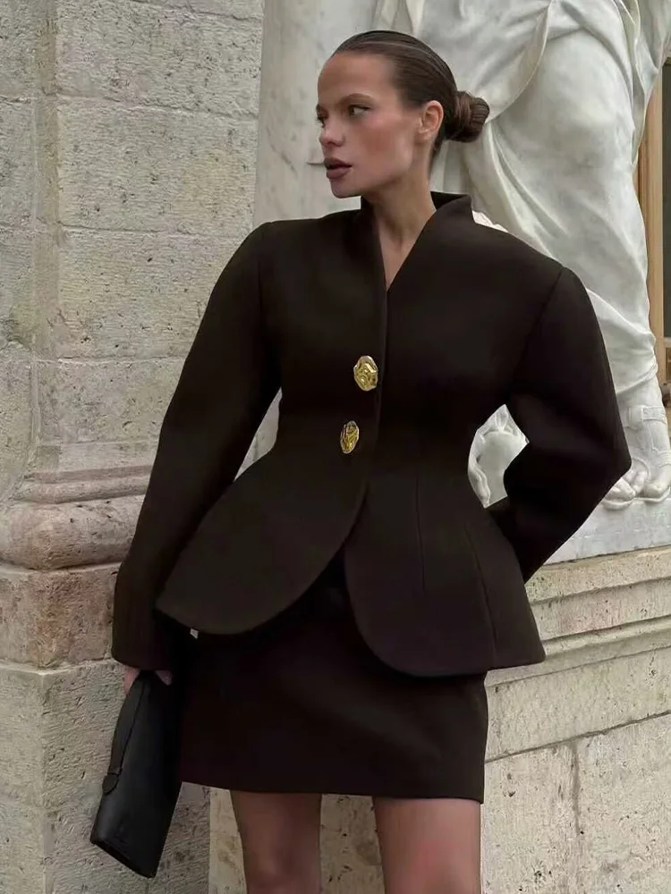 

HH Women's 2026 Spring Fashion Versatile Cocoon-Shaped Waist Stand Collar Metal Buckle Woolen Jacket+Mid-Waist Zipper Skirt Set