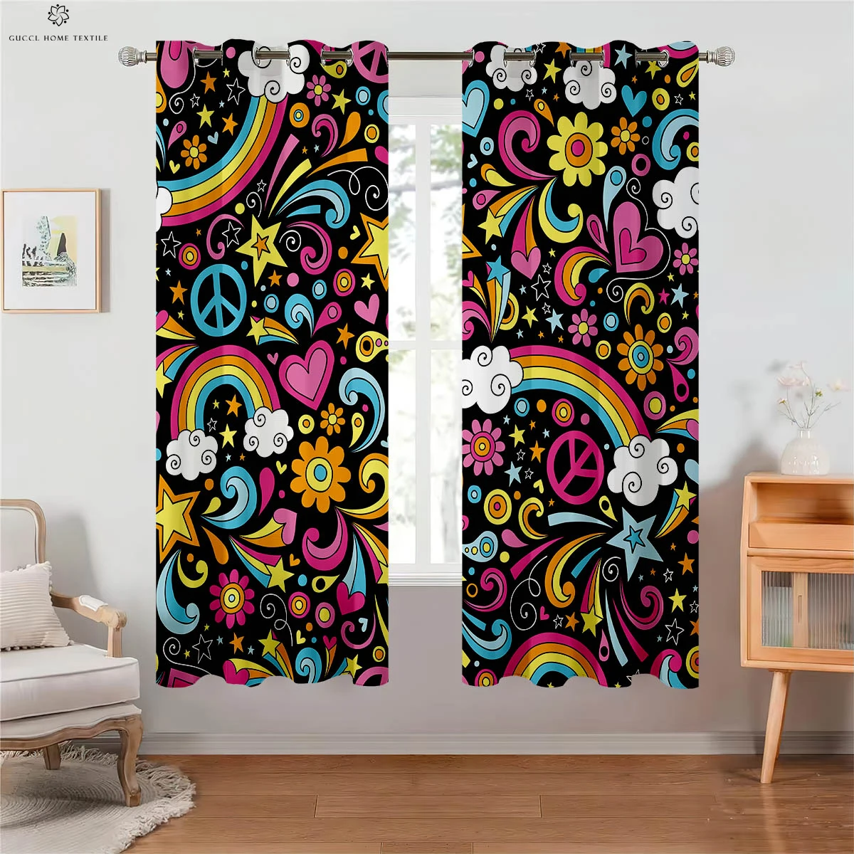 Blackout Heat Insulation Curtains, Rainbow, Shiny Color, Gradient Print, Children's Room, Living Room, Study Decoration, 2Pcs