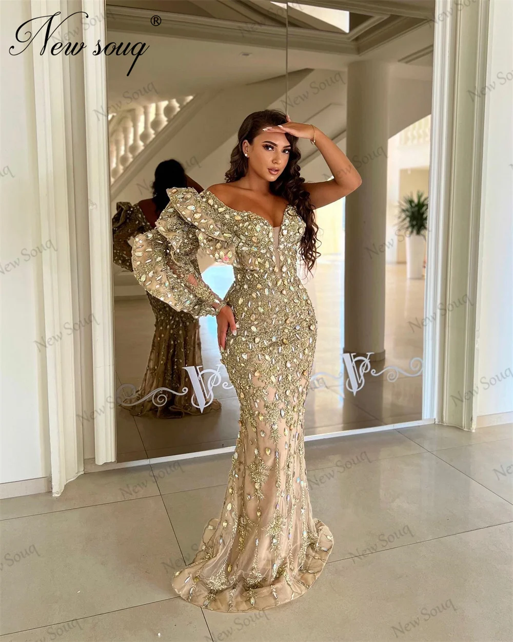 Newest Dubai Mermaid Evening Dresses With Beading One Shoulder Luxury Prom Dress Arabic Kaftans Long Party Dress Robes Du Soiree