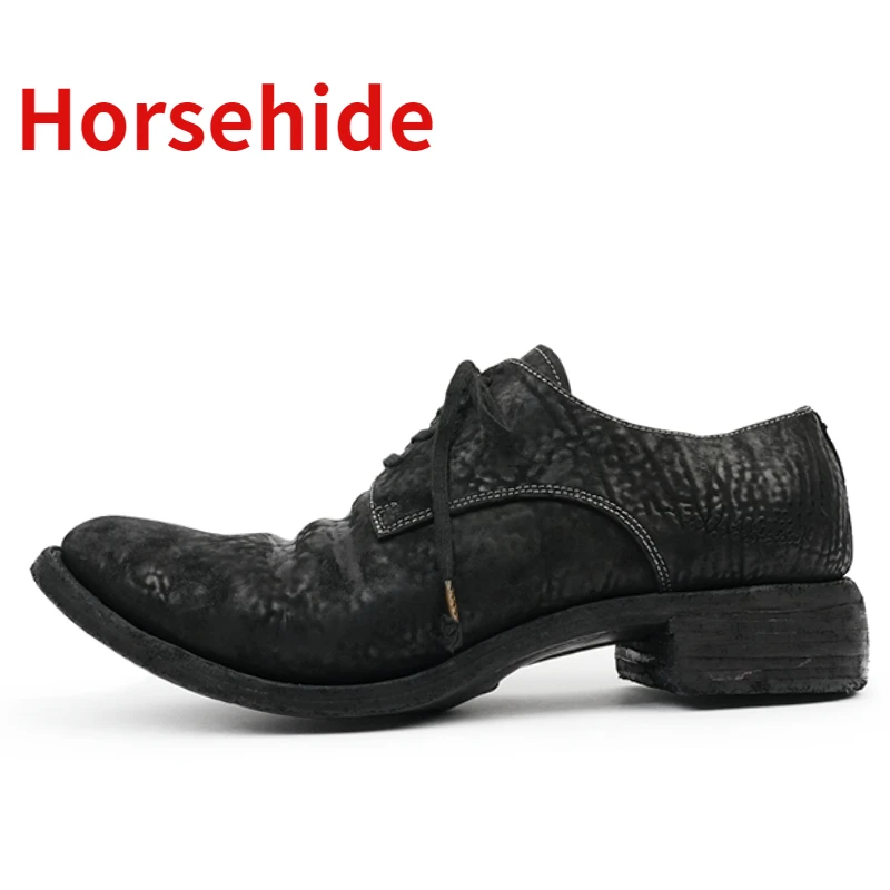 Horsehide Retro Derby Shoes for Men's Dark Black Design Genuine Leather Hand Sewn Aging Scar Mountain Pattern Short Boots Shoes