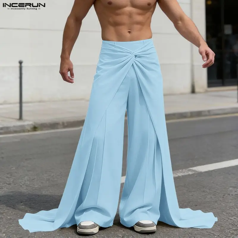 INCERUN Men Irregular Pants Solid Elastic Waist Joggers Trousers Men Streetwear Loose 2026 Pleated Fashion Casual Men Long Pants