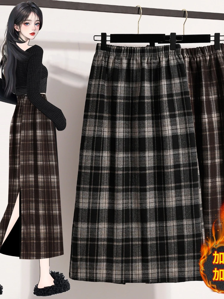 Women's High Waist Plaid A-Line Midi Skirt Winter  Slit Fashion Slimming Elegant Fleece-Lined Tweed Long Maxi Flared Skirt
