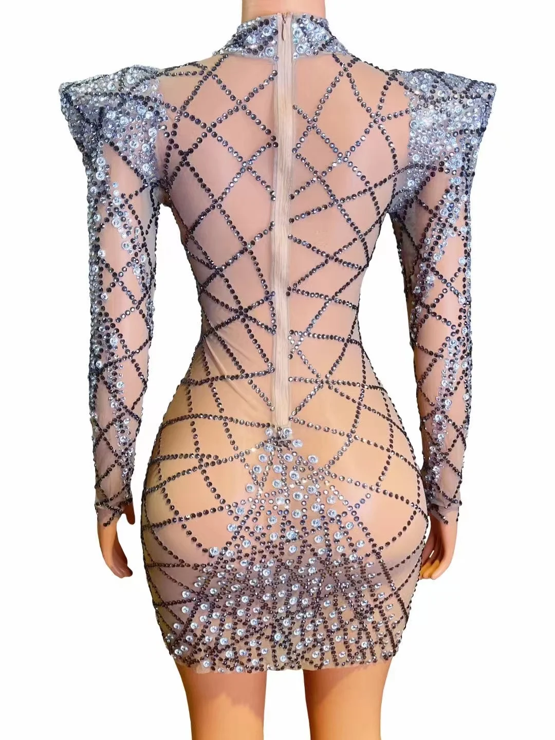 Customized High Shoulder  Mesh lace Transparent High Elastic Sequins Sexy Tight Dress Birthday Party  Dress Performance Dress