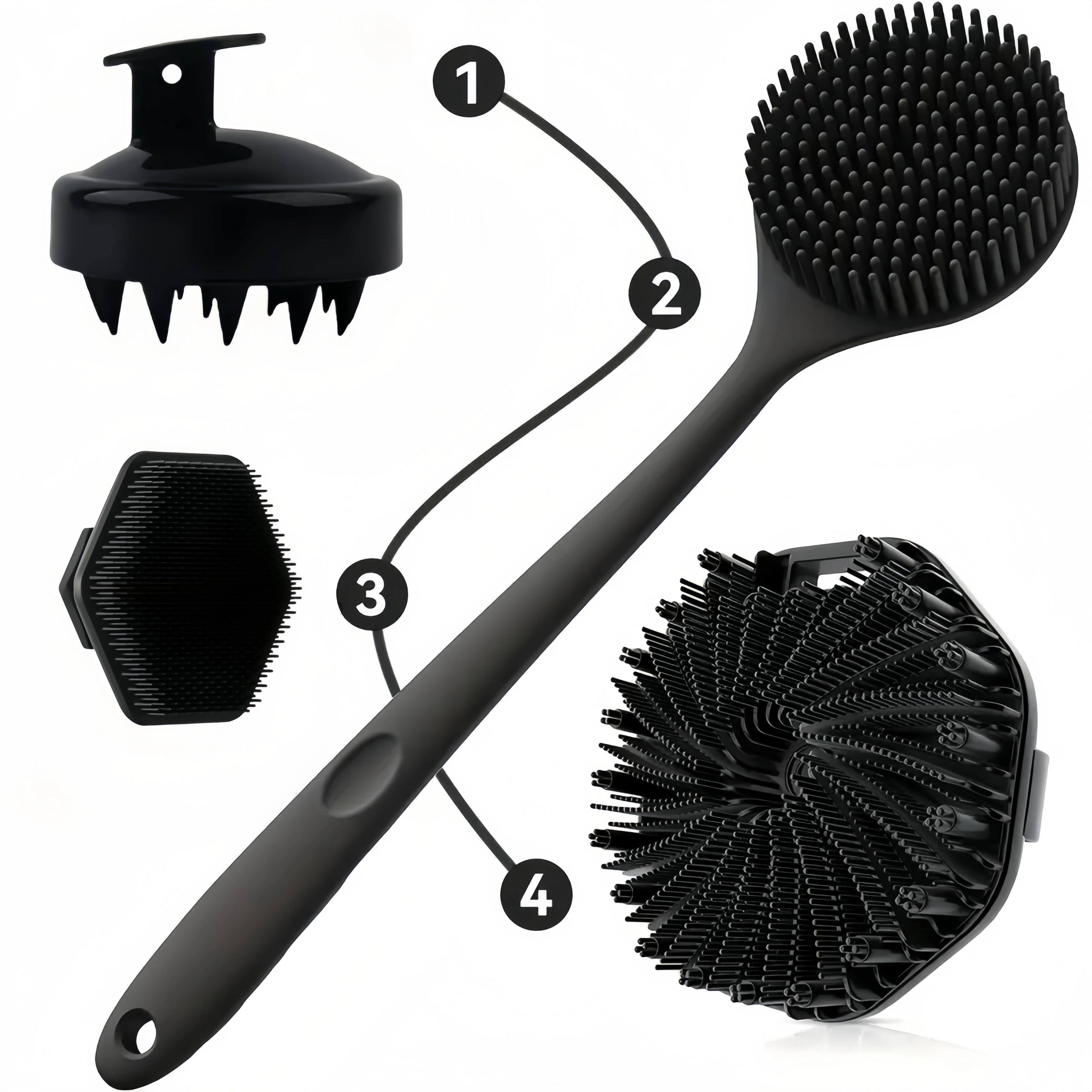 Силиконовая щетка для ванны, набор из 4 предметов, включая скребок для волос — мягкая щетина для чистки тела и кожи головы