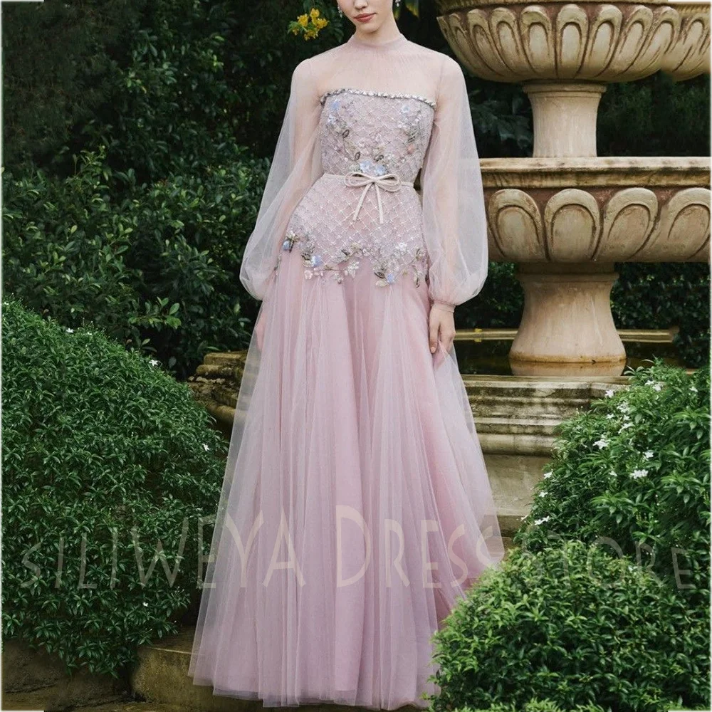 

Chic Tulle Evening Dresses For Women Elegant O-Neck Modern Style Full Sleeves Beaded Pageant Luxurious A-Line Female Gown