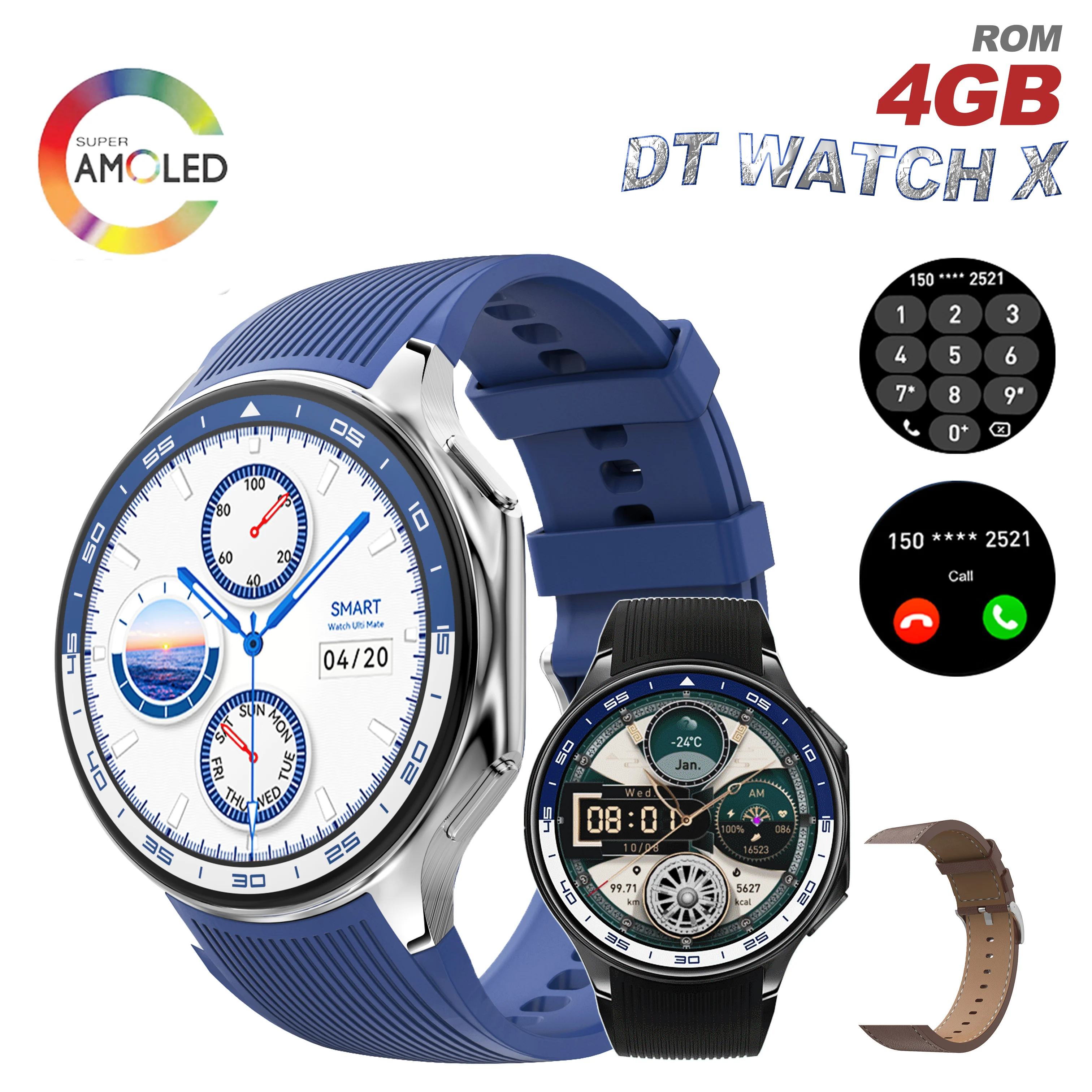 4GB Large Memory DT Watch X Fashionable Smart Watch 2025 HD AMOLED Screen 390Mah Large Capacity Battery for Ios Android Watch