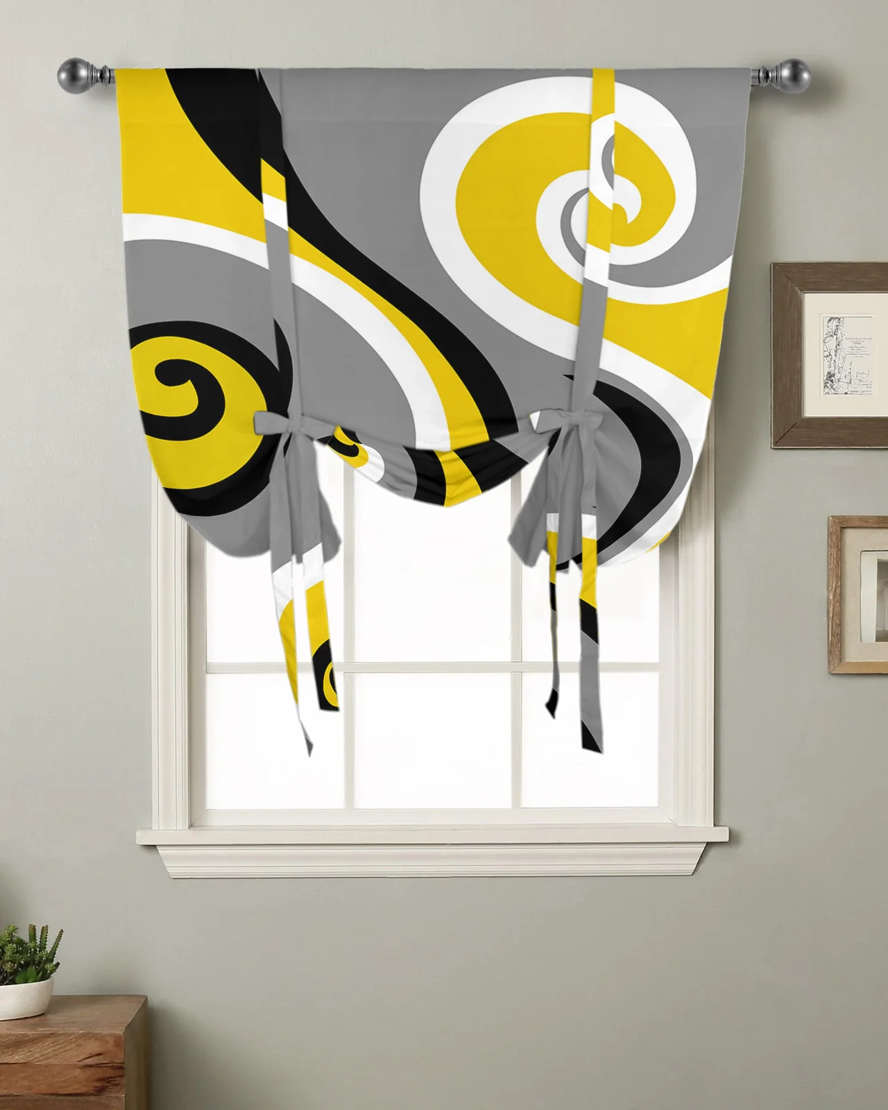 Modern Abstract Whirlpool Yellow Window Curtains Tie Up Curtains for Kitchen Living Room Adjustable Rod Pocket Drapes