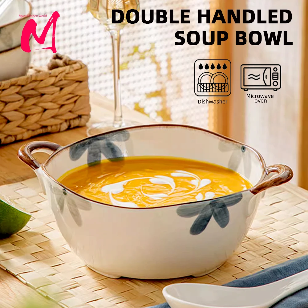 1500ml Household Noodle Bowl Ceramic Soup Bowl With Handle Salad Pasta Bowl Kitchen Tableware Microwave Oven Bakware