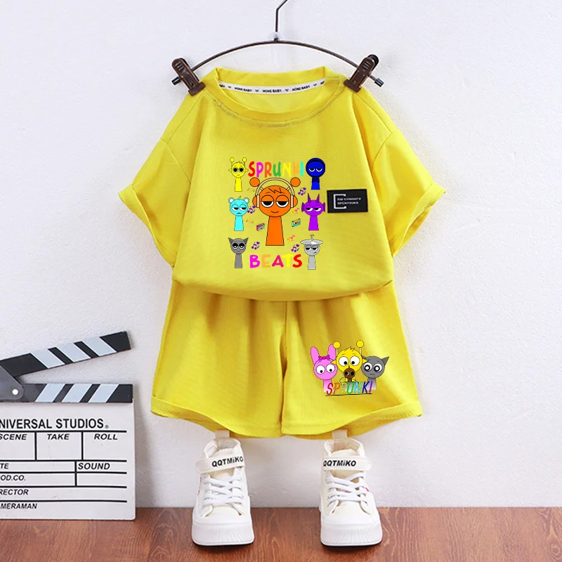 

New Sprunki Summer T Shirt Children's Casual Set for Boys Girls Loose Short Sleeved Shorts Breathable and Comfortable Tracksuits