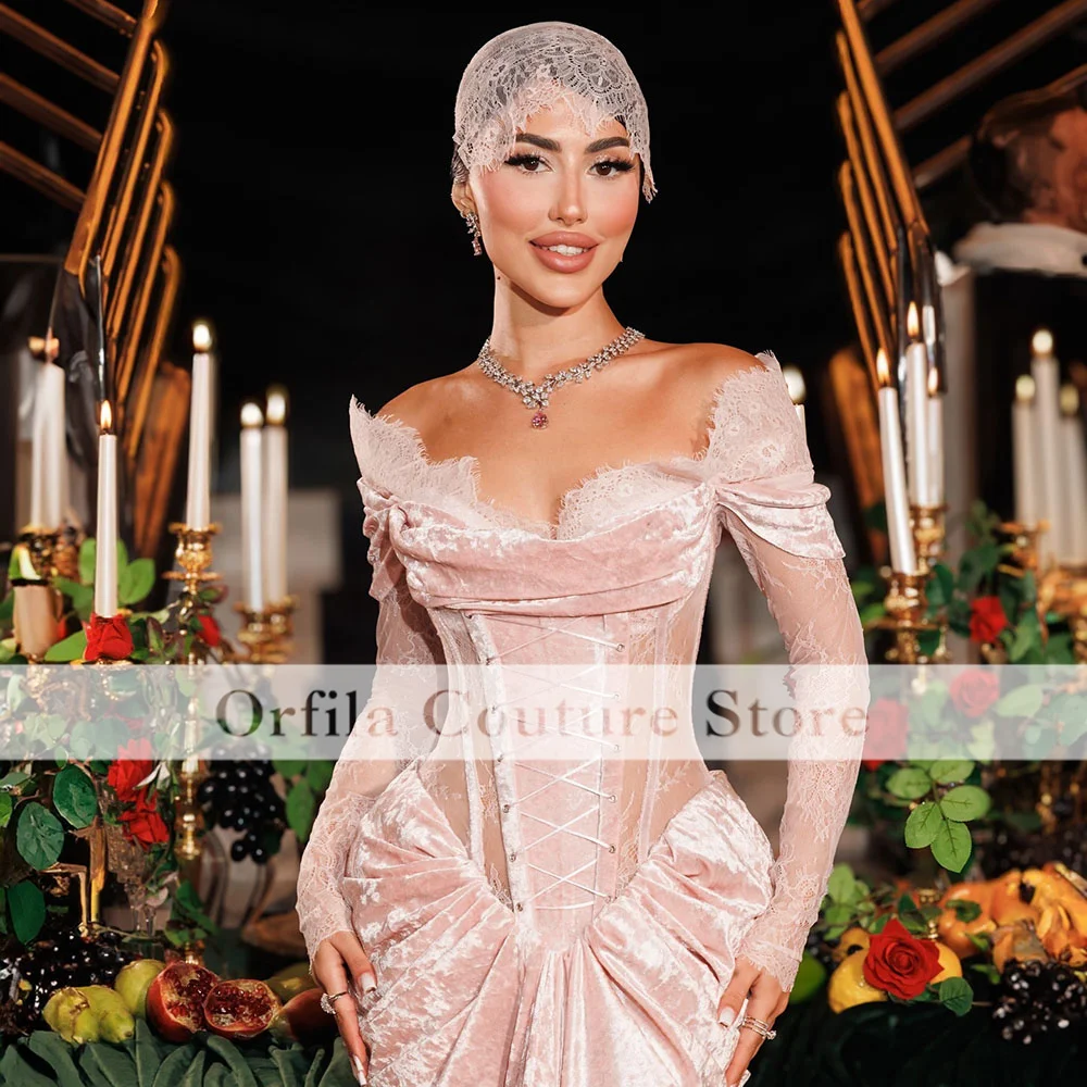 Abito da sera rosa con spalle scoperte per ragazze nigeriane Abiti da ballo a sirena in velluto di pizzo squisito personalizzati 2025