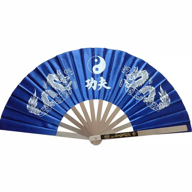 Blue Kung Fu Fan with White Twin Dragon and Yin Yang Pattern Stainless Steel Frame Tai Chi Fan for Martial Arts Training