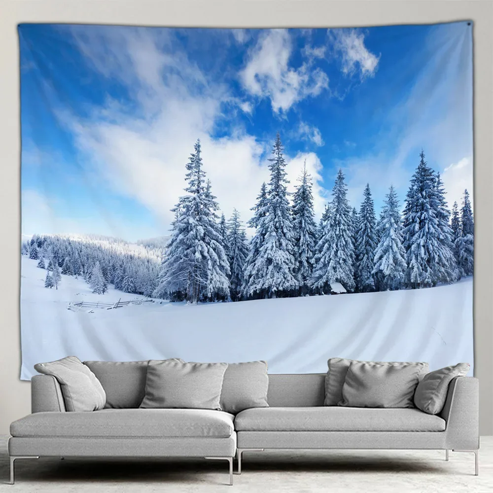 Outdoors Winter Forest Snow Scene Tapestry Wall Hanging Christmas Tree Happy New Year Bedroom Patio Wall Hanging Mural Art Decor