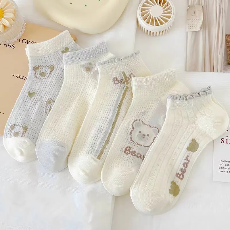 

Dreamlikelin 5pairs/Pack Four Season Women Socks New Cute Bear Print Short Socks Korean Style Girls Ankle Socks