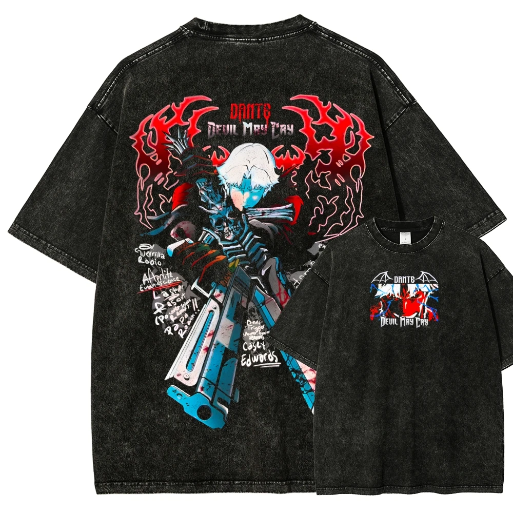 Vintage Washed Cotton T-Shirt Devil May Cry Dante Character Graphic Tee Men Women Loose Streetwear Game Casual Short Sleeve Tops