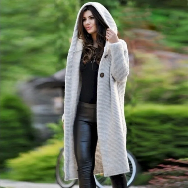 Autumn and Winter New Cardigan Long-sleeved Wool Solid Colour Knitted Long Top Jacket Woman