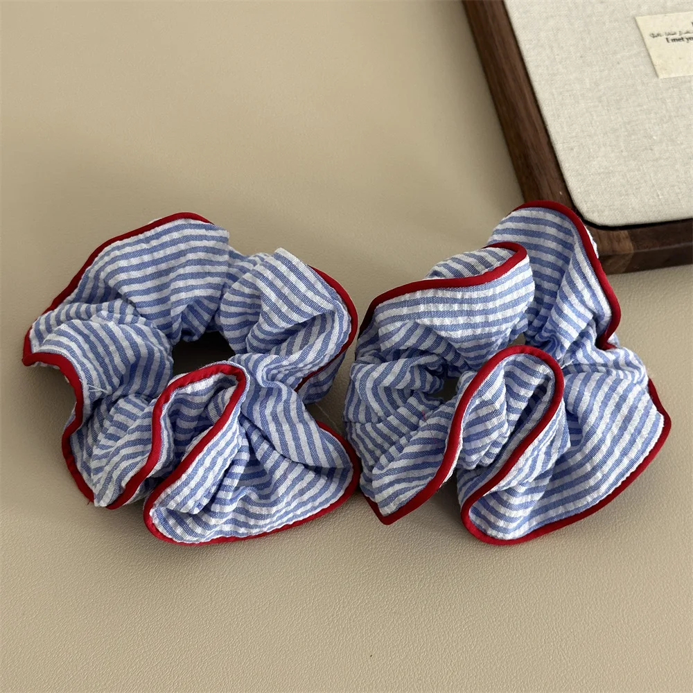 

1PC Blue And White Striped Clashing Color Large Intestine Hair Ring Fresh Ponytail Hair Ring Hair Rope Sweet Marble Head Plate