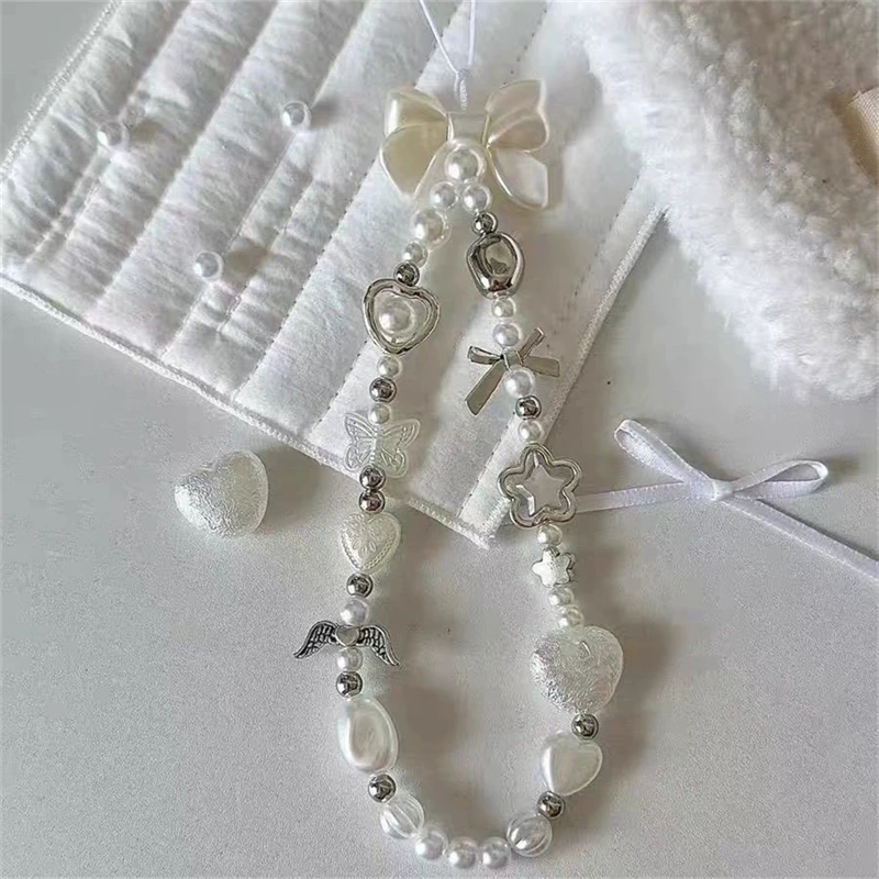 INS Korean Cute White Bow Heart Pearl Beads Beaded Phone Chain For iPhone Camera Hanging Rope Anti-Lost Lanyard Hanging Jewelry