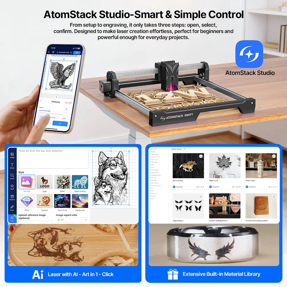 NEW ATOMSTACK Swift Laser Engraver and Cutter 7W 12W High Precision Desktop Laser Machine for Wood Acrylic Metal Engraving DIY LightBurn Compatible for Small Business Custom Engraving Sign Making DIY Workshop