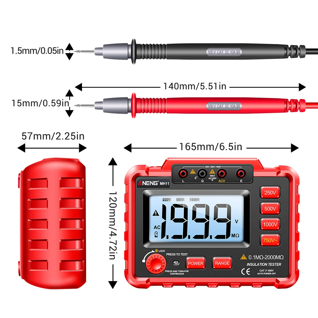 ANENG 2000mΩ 1999 Counts Digital Backlit Megohmmeter Earth Ground Resistance Meter DC 250/500/1000V Tester Electrician Supplies