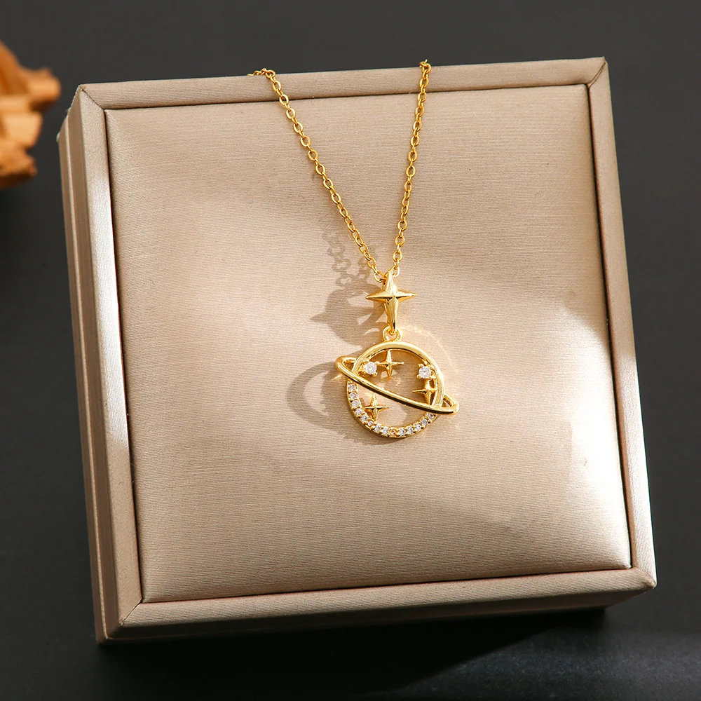 

Internet celebrity fashion hot sale titanium steel necklace female inlaid zircon copper plated 18K electroplating pendant does n