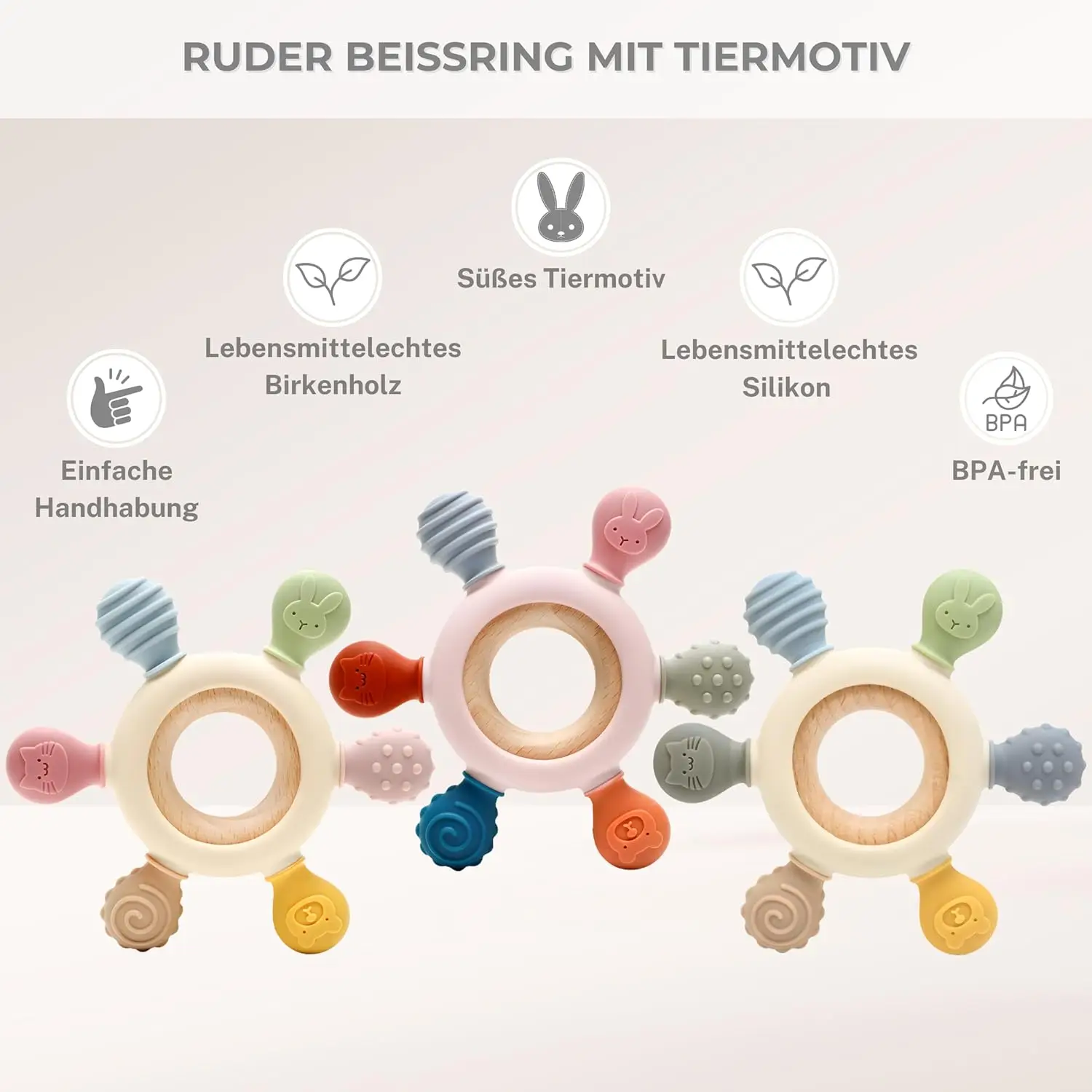 Baby-Beißring – Beißspielzeug mit Tiermotiv aus Silikon und Holz, zur Pflege von Babys