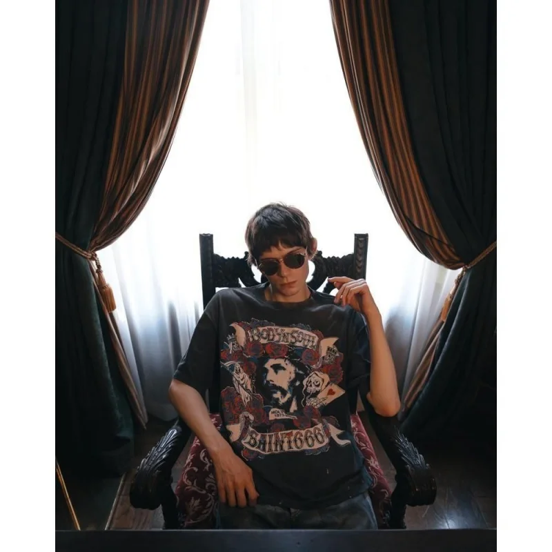 Top-Quality SAINT TEE Rose Washed Vintage-Style Short-Sleeve Summer T-Shirt for Men and Women Round Neck Loose Fit