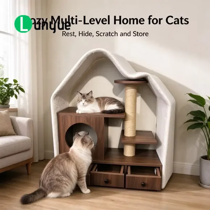 House Shape Wooden Cat Tree Tower with House and Storage Drawers Indoor Cat Furniture Nest for Small Cats Multi Level