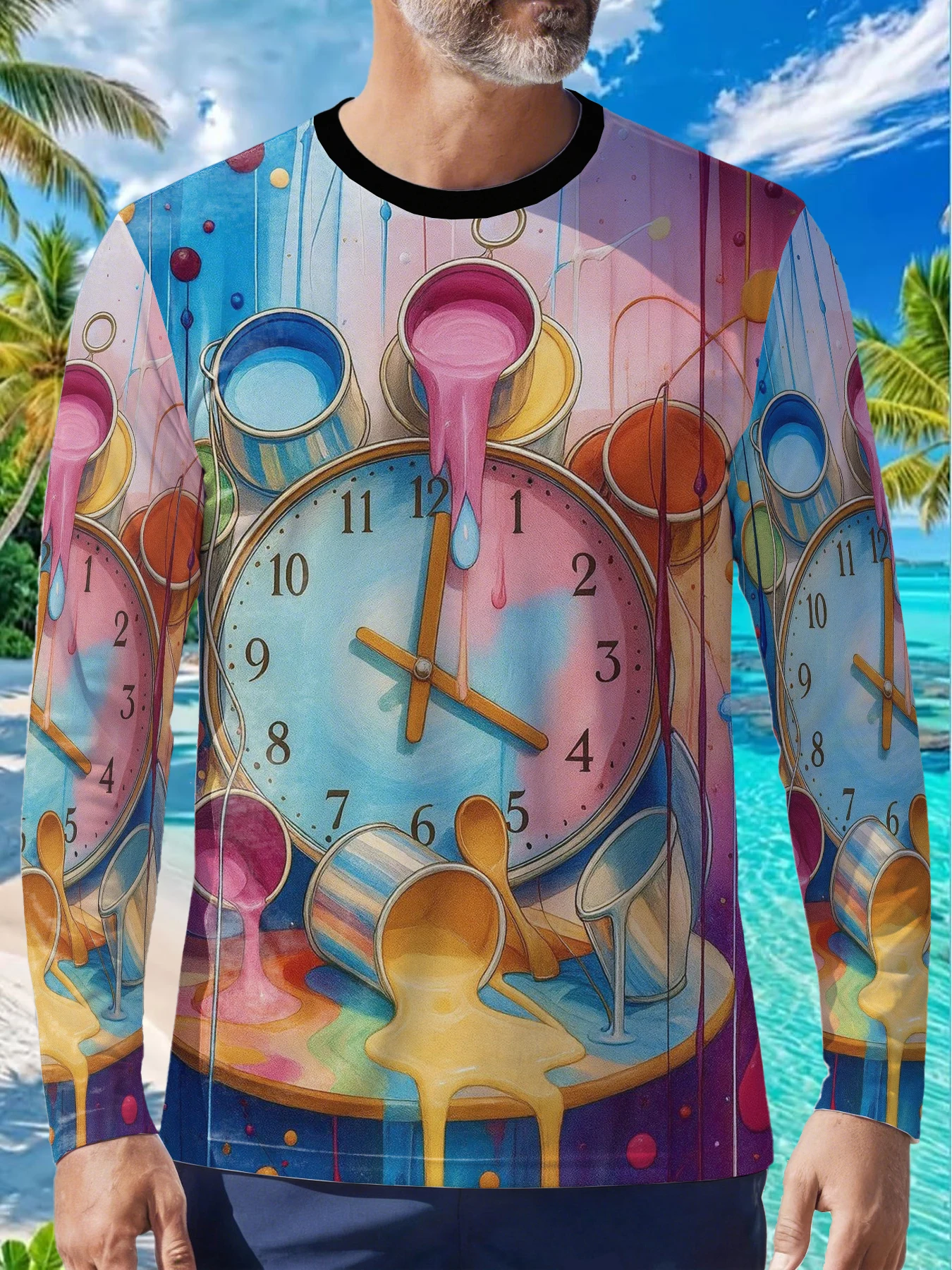 Surreal Art Melting Clock Paint Drip Mens Polyester Long Sleeve T Shirt Colorful Fluid Painting Print Graphic Tee Casual Streetw