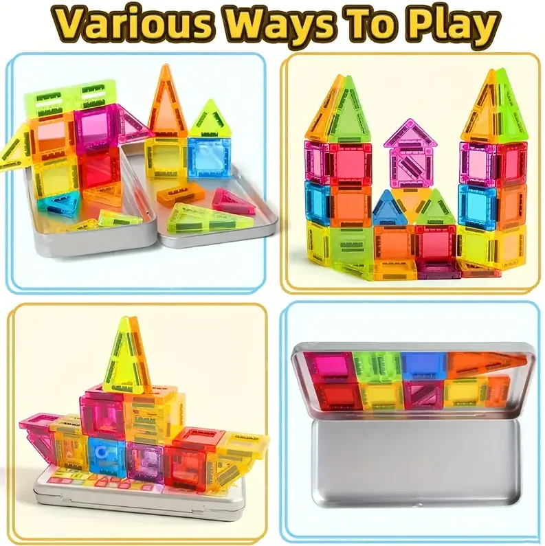 Magnetische bouwsteenreisset, gemakkelijk mee te nemen met ijzeren opbergdoos, creatieve bouwset, educatief speelgoed met stengel voor kinderen