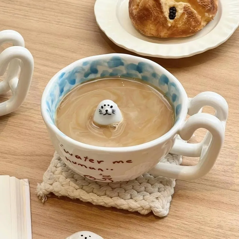Cute Seal Swimming Pool Ceramic Mug 3D Figure Ceramic Milk Anime Themed Cup Seal Penguin Coffee Cup Gift For Coffee Lover