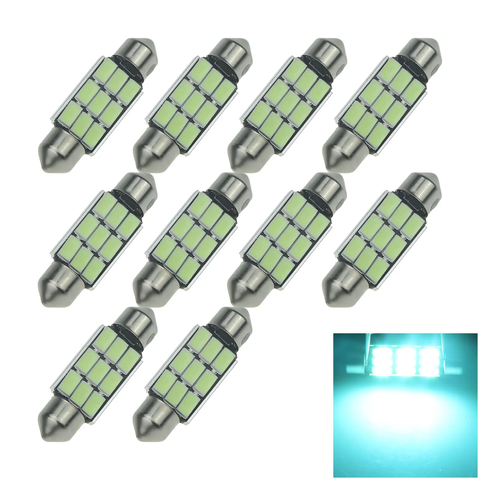 10x Ice Blue RV 42MM Festoon Blub License Plate Lamp Canbus Error Free 9 Emitters 5630 SMD LED 560 I324-BB