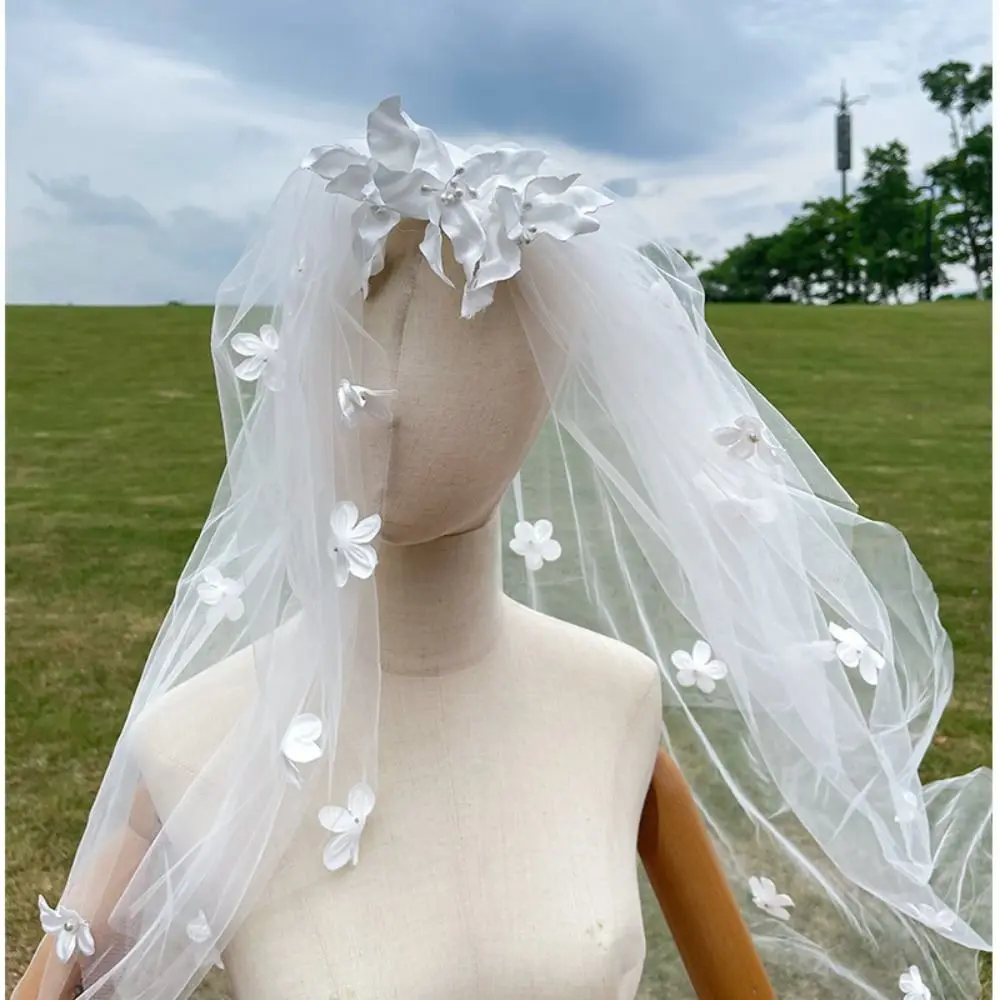 Beautiful Long Wedding Veil Embroidery Handmade Bride's Wedding Headgear Romantic Soft Flower Lace Head Gauze Women