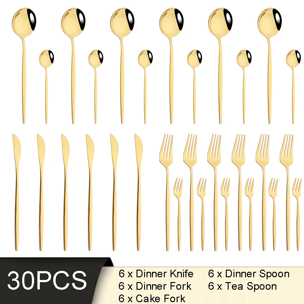 Mirror 30Pcs Gold Dinnerware Set Knife Cake Forks Coffee Spoon Cutlery Set Stainless Steel Tableware Kitchen Flatware Silverware