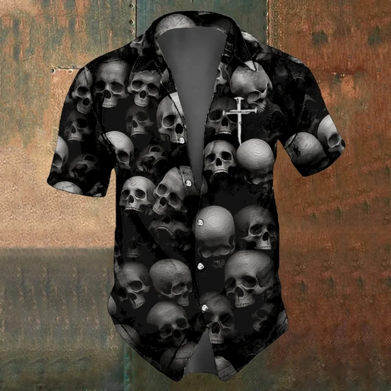 Camisa de manga curta de caveira masculina, preta e branca, extragrande, respirável, camiseta vintage com lapela, casual, verão