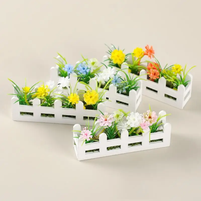 Levensechte 1 stks miniatuur potplanten met bloemhek voor fantasiespel, 1:12 schaal poppenhuis tuin decor speelgoed