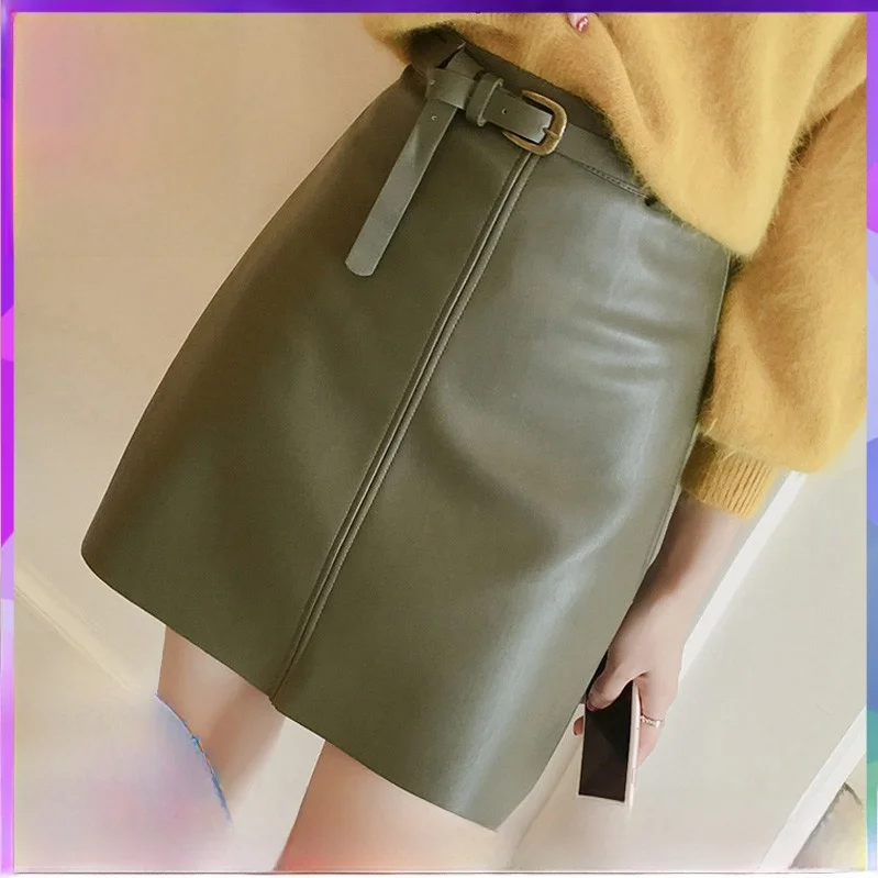 

Осенне-зимняя короткая юбка из натуральной овечьей кожи с высокой талией, А-силуэт, в гонконгском стиле, корейская версия, Ins-стиль