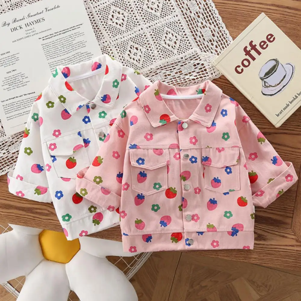 Girl's Autumn and Winter New Strawberry Print Cartoon Cute Lapel Long Sleeved Pure Cotton Fashionable Versatile Jacket