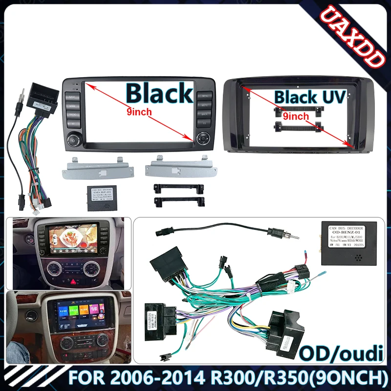 Car Radio Fascia Frame For 2006-2014 BENZ R300/R350 9INCH Stereo Panel Wire Harness Power Cable Adapter