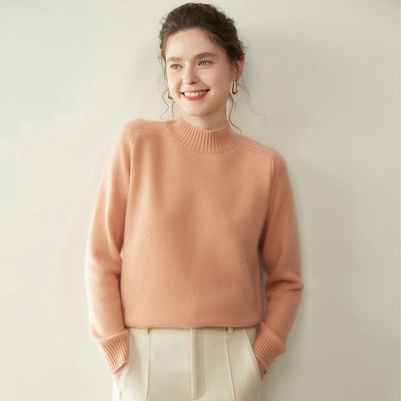 

Женский вязаный свитер из 100% кашемира с полувысоким воротником, осенний новый свободный пуловер, повседневный однотонный толстый топ с длинными рукавами, 2025 г.