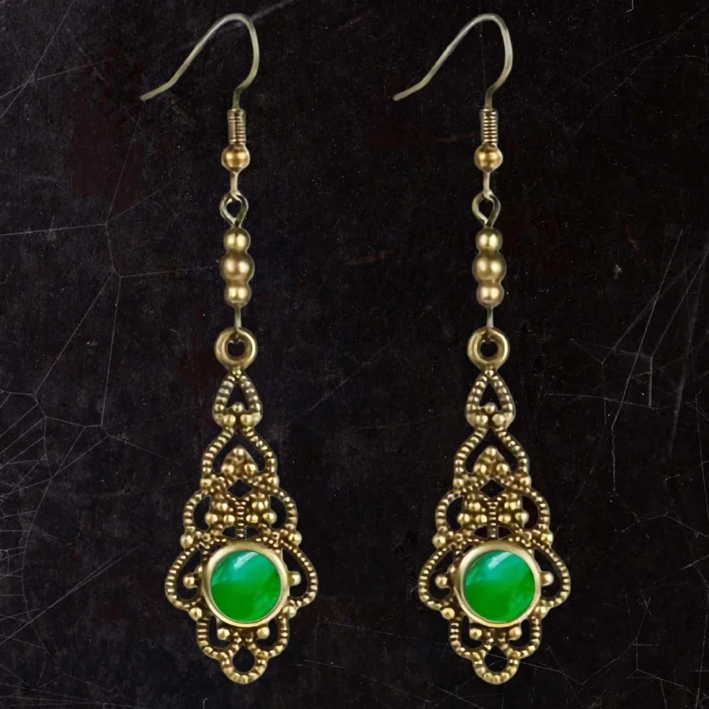 Medieval Victorian Ancient Bronze Color Filigree Green Imitation Gemstone Dangle Earrings for Women Boho Royal Retro Jewelry
