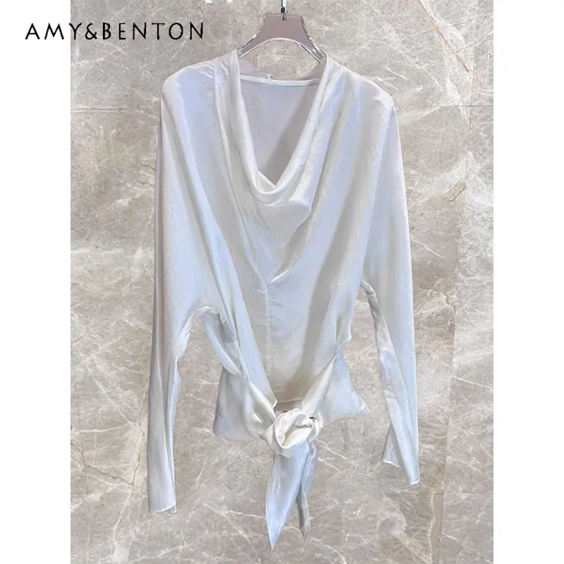 

High-end Women's Clothing 2026 New Retro Temperament Irregular Design White Loose Thin Versatile Long-sleeved Shirt Top Ladies